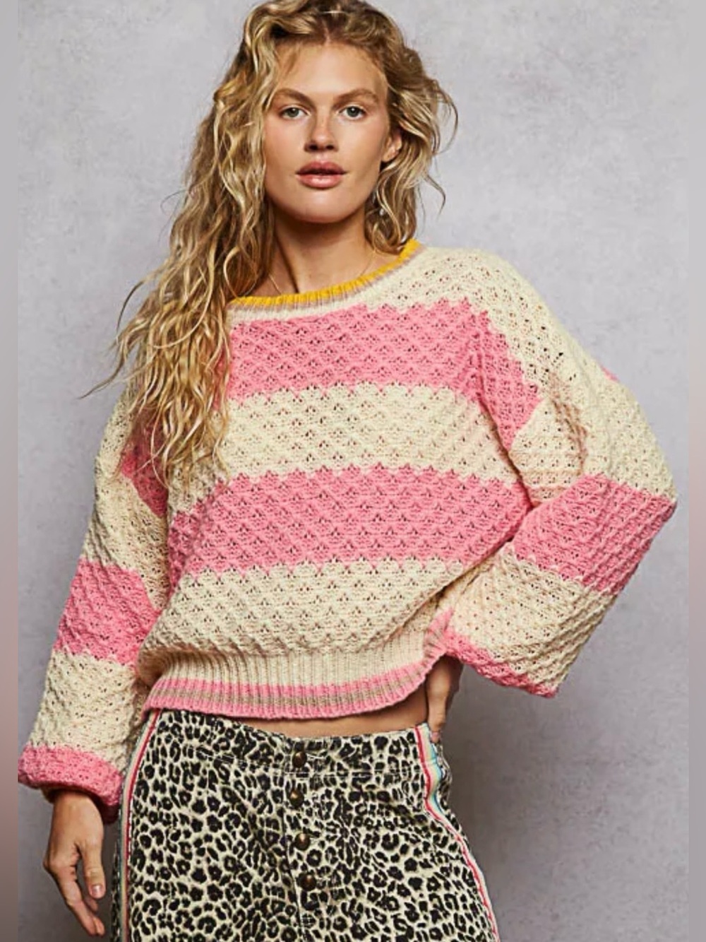 NWOT- POL Contrast Stripe Waffle Chevron Stitch Knit Pullover